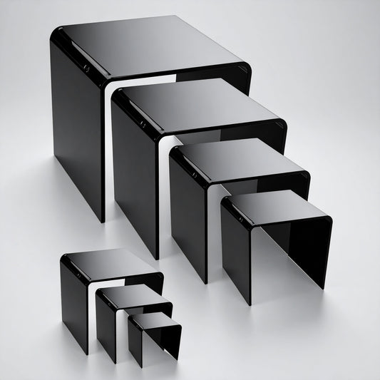 Black Acrylic Display Riser Set — Opaque Tiered Stands – clear acrylic display stand for retail, showroom, or countertop use, size 2x2x2, 3x3x3, 4x4x4. Made in the USA by WebAcrylics.