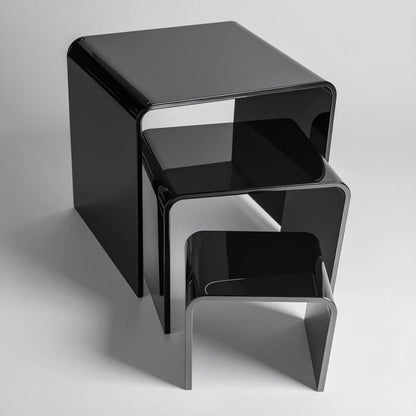 Black Acrylic Display Riser Set — Opaque Tiered Stands – clear acrylic display stand for retail, showroom, or countertop use, size 2x2x2, 3x3x3, 4x4x4. Made in the USA by WebAcrylics.