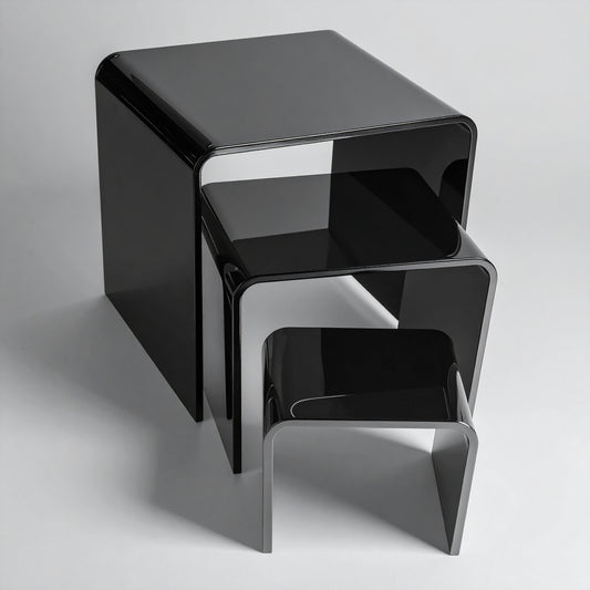 Black Acrylic Display Riser Set — Opaque Tiered Stands – clear acrylic display stand for retail, showroom, or countertop use, size 2x2x2, 3x3x3, 4x4x4. Made in the USA by WebAcrylics.