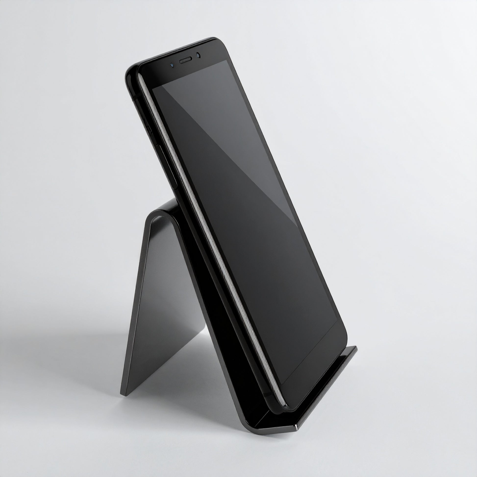 Black Open-Front Easel Smartphone Display — Acrylic Stand – clear acrylic display stand for retail, showroom, or countertop use, size . Made in the USA by WebAcrylics.