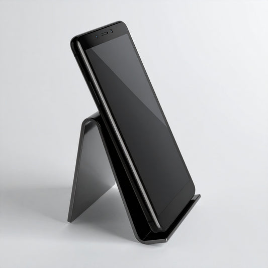 Black Open-Front Easel Smartphone Display — Acrylic Stand – clear acrylic display stand for retail, showroom, or countertop use, size . Made in the USA by WebAcrylics.