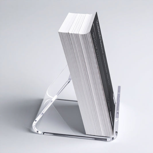 Business Card & Small Item Holder — Reverse Easel — Clear Acrylic – clear acrylic display stand for retail, showroom, or countertop use, size . Made in the USA by WebAcrylics.