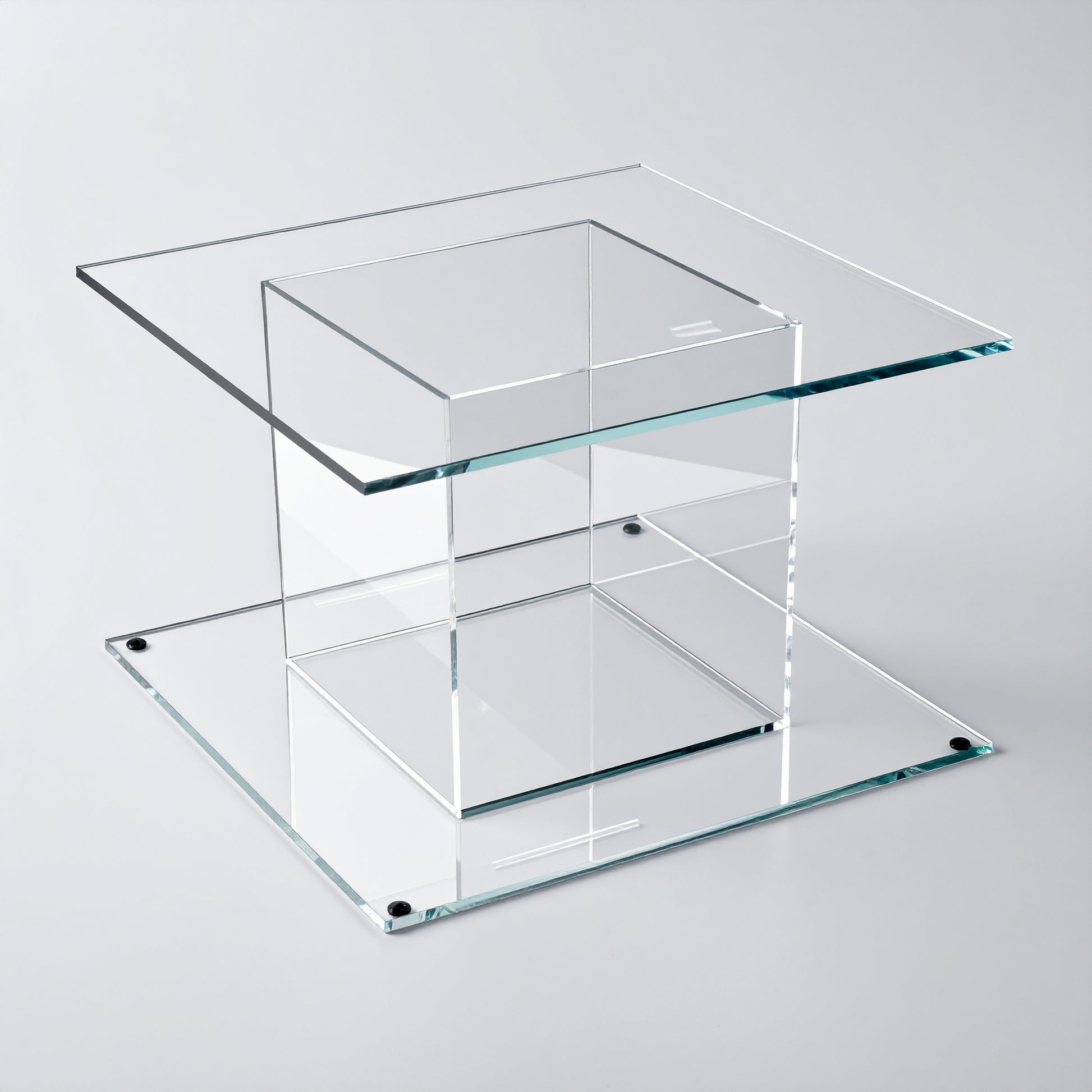 Clear Acrylic Cake Stand — Square Top & Base – clear acrylic display stand for retail, showroom, or countertop use, size 12 x 12 x 6. Made in the USA by WebAcrylics.