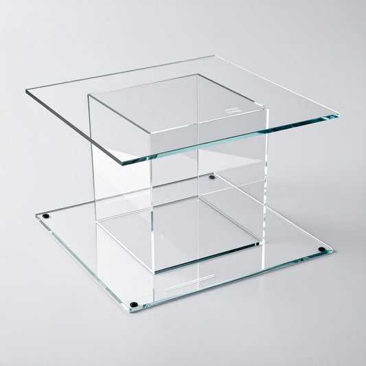 Clear Acrylic Cake Stand — Square Top & Base – clear acrylic display stand for retail, showroom, or countertop use, size 12 x 12 x 6. Made in the USA by WebAcrylics.