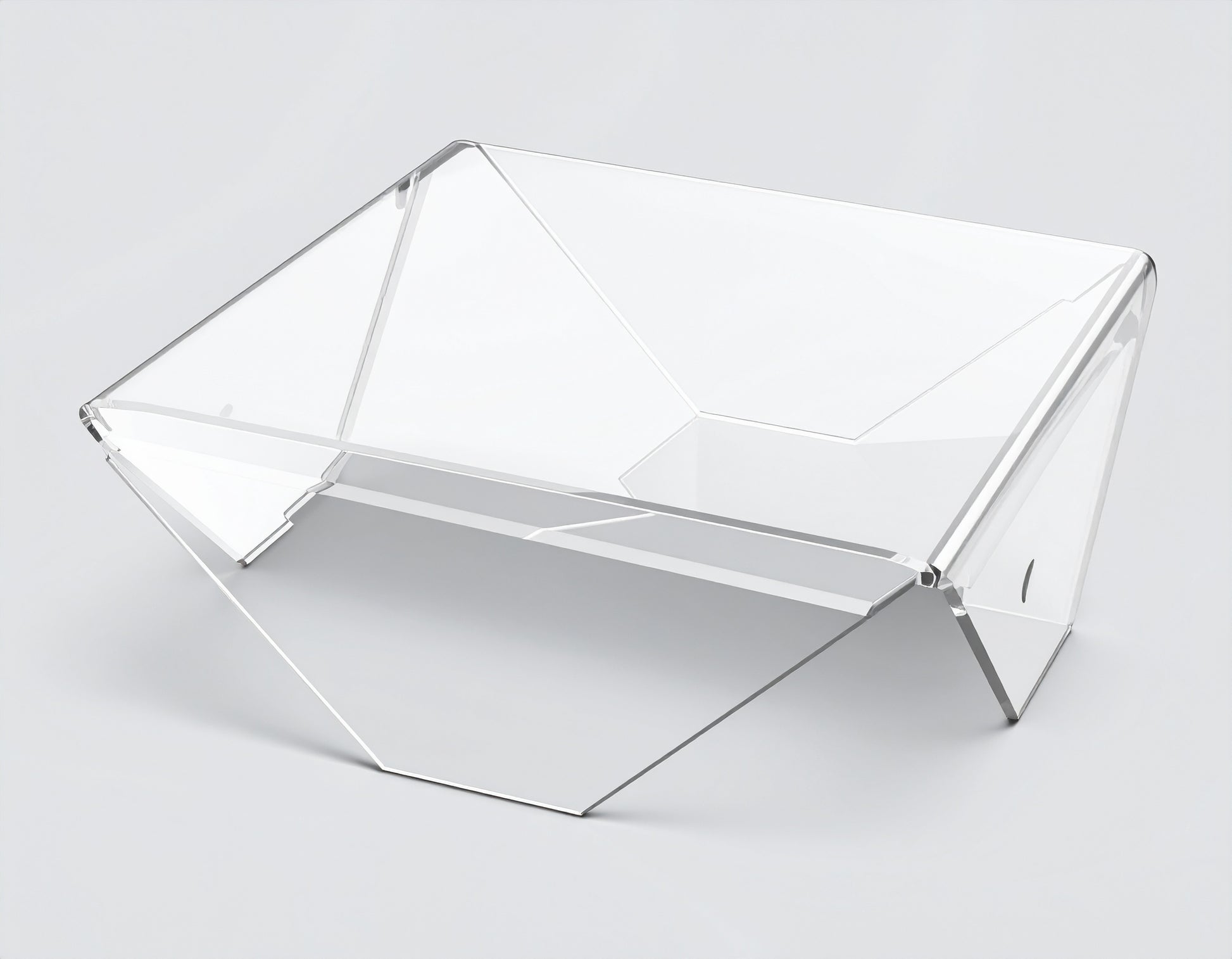 Clear Acrylic Corner-Fold Display Riser — Flat Style – clear acrylic display stand for retail, showroom, or countertop use, size 3 x 3 x 1.5. Made in the USA by WebAcrylics.
