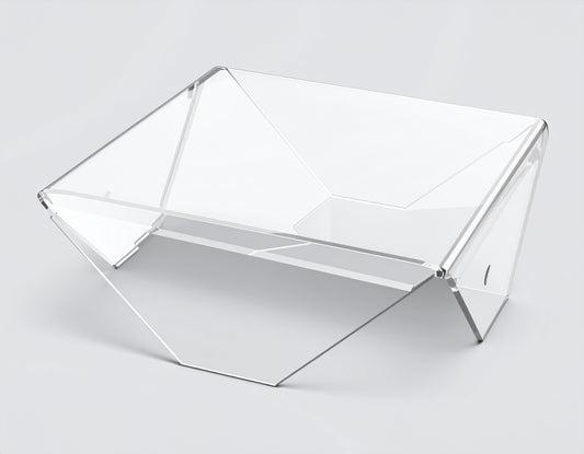 Clear Acrylic Corner-Fold Display Riser — Flat Style – clear acrylic display stand for retail, showroom, or countertop use, size 3 x 3 x 1.5. Made in the USA by WebAcrylics.