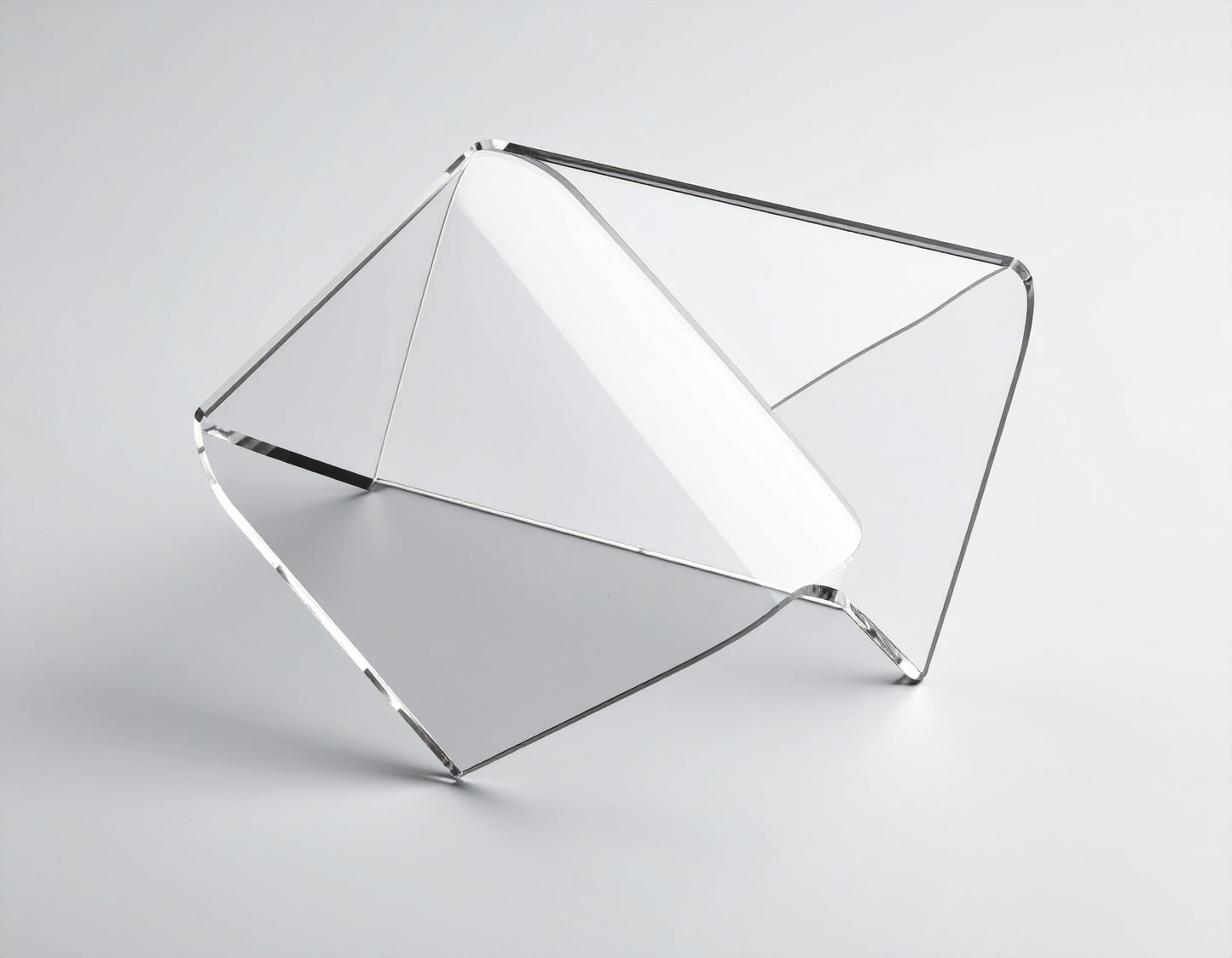 Clear Acrylic Corner-Fold Display Riser — V Style – clear acrylic display stand for retail, showroom, or countertop use, size 3 x 3 x 1.5. Made in the USA by WebAcrylics.