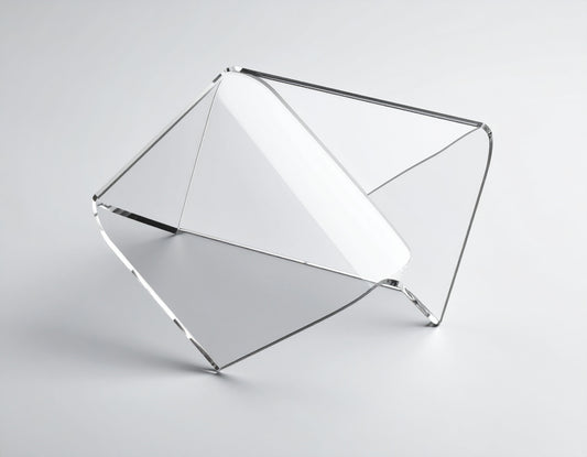 Clear Acrylic Corner-Fold Display Riser — V Style – clear acrylic display stand for retail, showroom, or countertop use, size 3 x 3 x 1.5. Made in the USA by WebAcrylics.