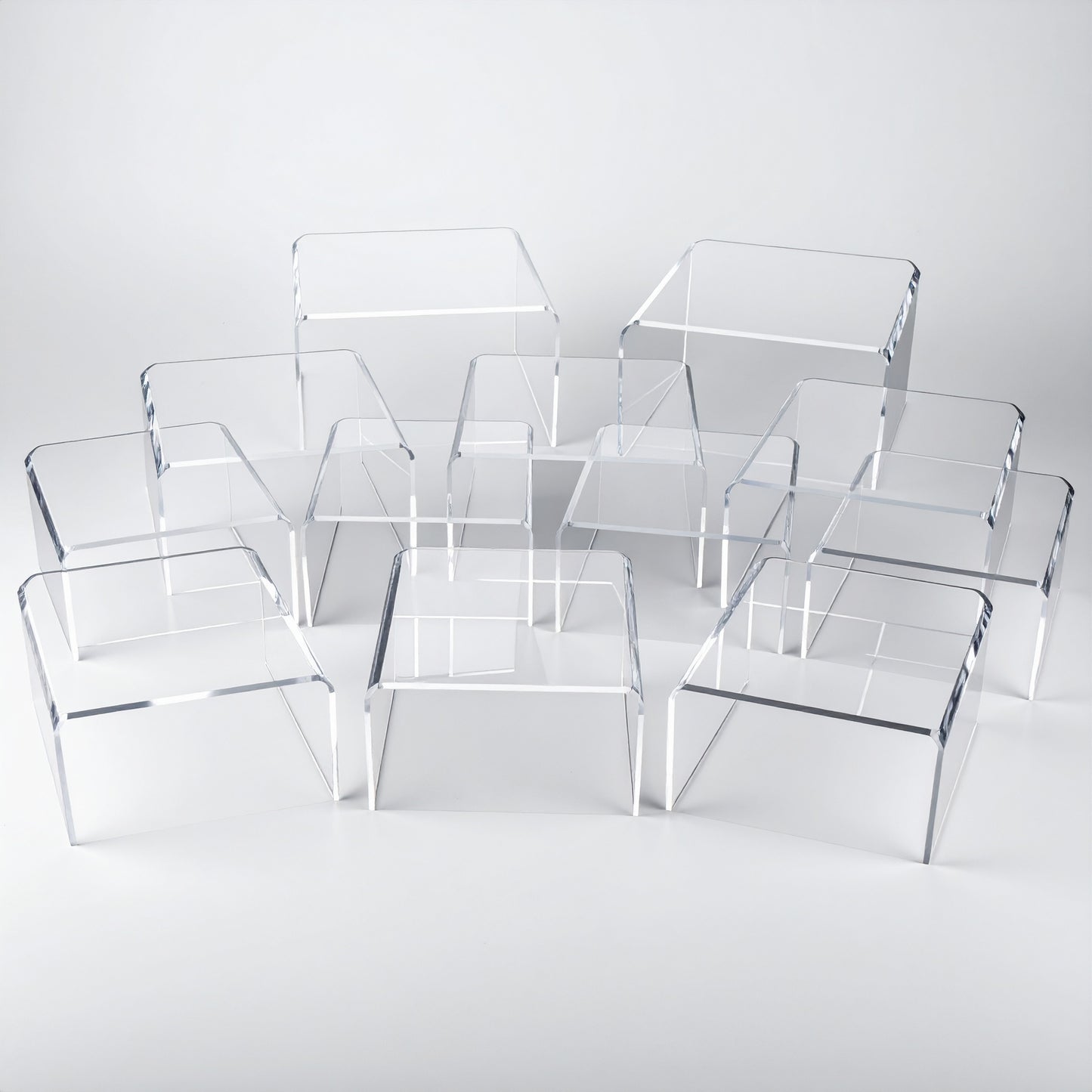 Clear Acrylic Display Riser — 4″ Wide — Set of 12 – clear acrylic display stand for retail, showroom, or countertop use, size . Made in the USA by WebAcrylics.