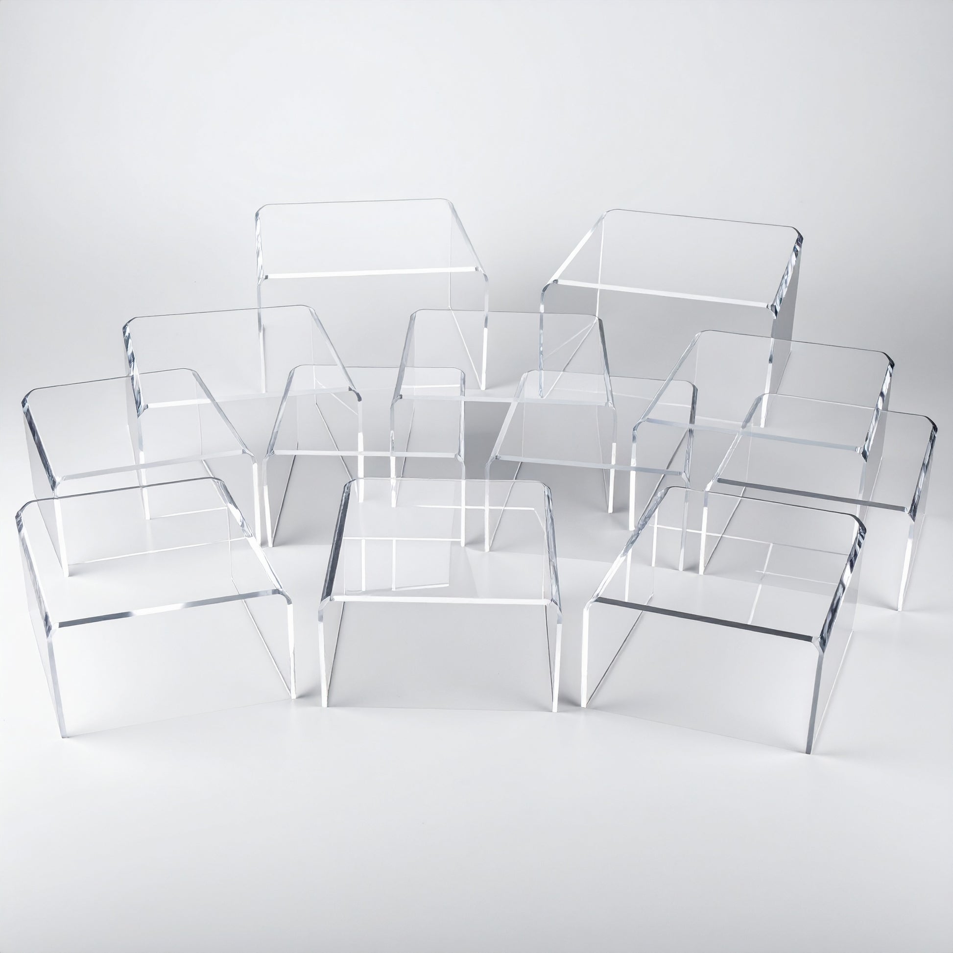 Clear Acrylic Display Riser — 4″ Wide — Set of 12 – clear acrylic display stand for retail, showroom, or countertop use, size . Made in the USA by WebAcrylics.