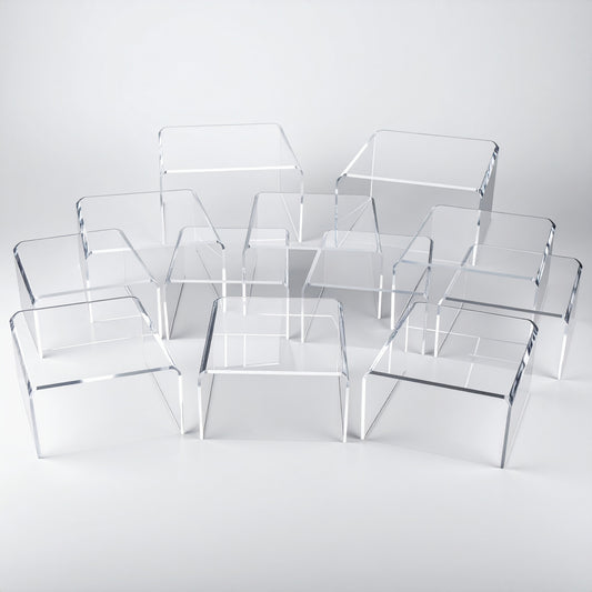 Clear Acrylic Display Riser — 4″ Wide — Set of 12 – clear acrylic display stand for retail, showroom, or countertop use, size . Made in the USA by WebAcrylics.