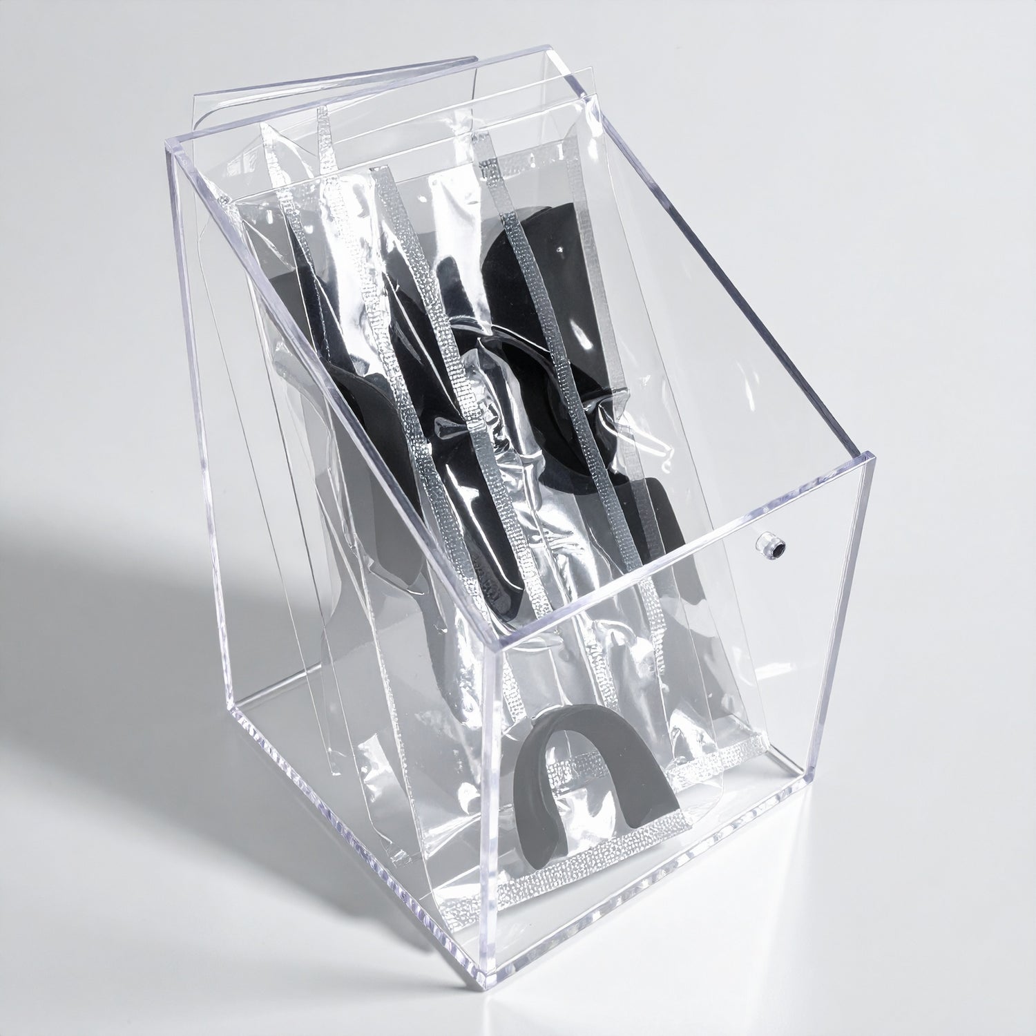 Clear Acrylic Open Slant-Top Bin — Countertop Organizer – clear acrylic bin, organizer, or holder for retail, office, or countertop use, size 5 x 5 x 5. Made in the USA by WebAcrylics.