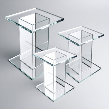 Clear Acrylic Pedestal Display Riser — Square Tabletop – clear acrylic display stand for retail, showroom, or countertop use, size 4 x 4 x 4. Made in the USA by WebAcrylics.