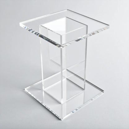 Clear Acrylic Pedestal Display Riser — Square Tabletop – clear acrylic display stand for retail, showroom, or countertop use, size 4 x 4 x 4. Made in the USA by WebAcrylics.