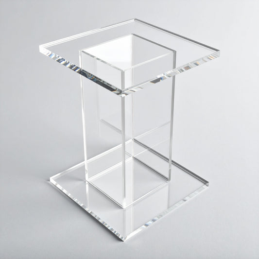 Clear Acrylic Pedestal Display Riser — Square Tabletop – clear acrylic display stand for retail, showroom, or countertop use, size 4 x 4 x 4. Made in the USA by WebAcrylics.