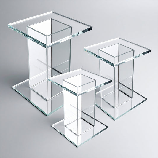 Clear Acrylic Pedestal Set — Tiered Display Stands – clear acrylic display stand for retail, showroom, or countertop use, size 3x3x4, 3x3x5, 3x3x6. Made in the USA by WebAcrylics.