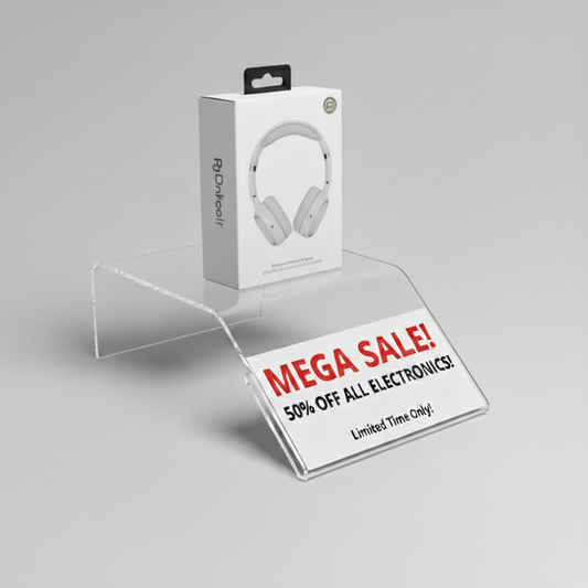 Clear Acrylic Riser with Built-In Sign Holder — Angled Style – clear acrylic display stand for retail, showroom, or countertop use, size 1-3/4 x 3-1/8 x 1-1/2. Made in the USA by WebAcrylics.