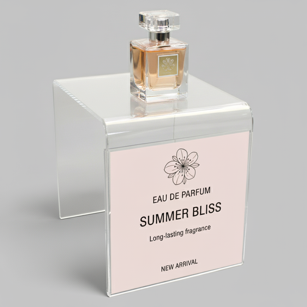 Clear Acrylic Riser with Built-In Sign Holder — Straight Style – clear acrylic display stand for retail, showroom, or countertop use, size 1-3/4 x 3-1/8 x 1-1/2. Made in the USA by WebAcrylics.