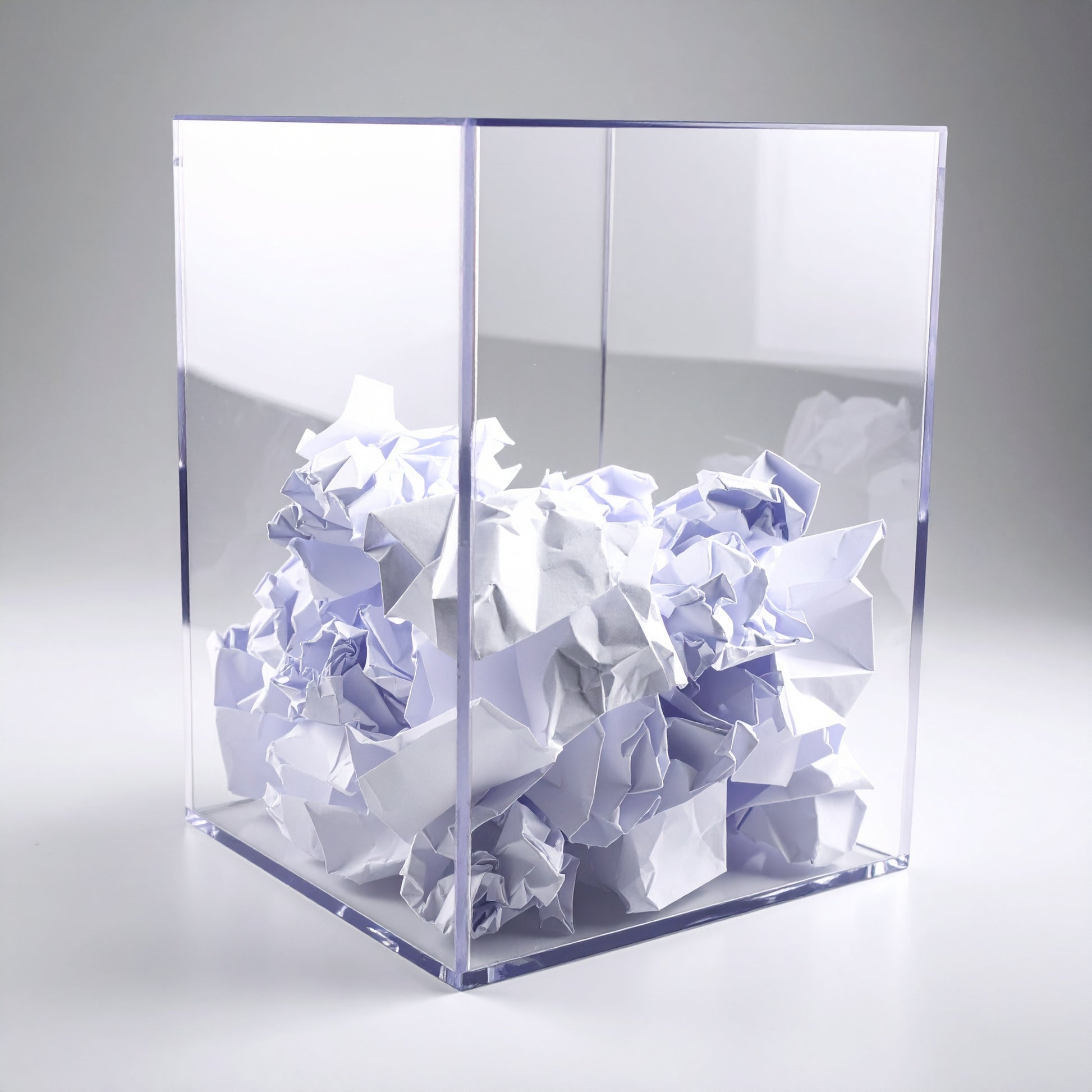 Clear Acrylic Security Trash Can — See-Through Box Receptacle – clear acrylic bin, organizer, or holder for retail, office, or countertop use, size 9 x 9 x 12. Made in the USA by WebAcrylics.