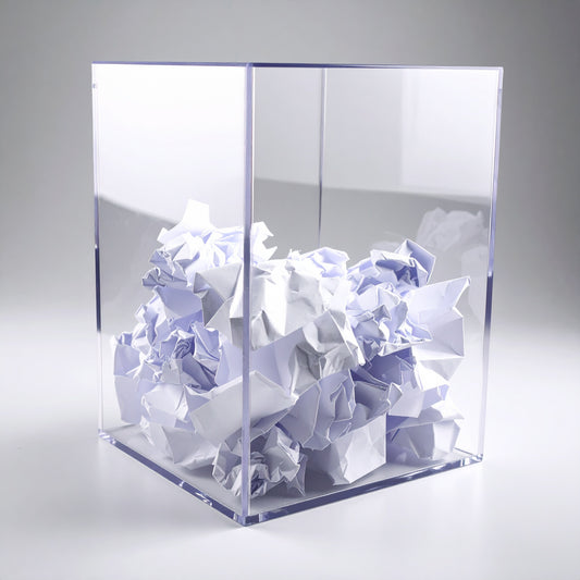 Clear Acrylic Security Trash Can — See-Through Box Receptacle – clear acrylic bin, organizer, or holder for retail, office, or countertop use, size 9 x 9 x 12. Made in the USA by WebAcrylics.