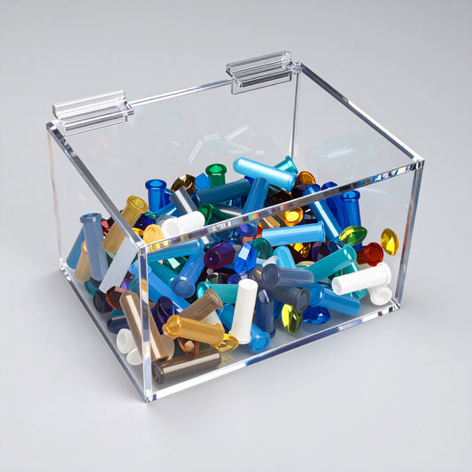 Clear Acrylic Storage Container with Hinged Lid — Flip-Top Bin – clear acrylic bin, organizer, or holder for retail, office, or countertop use, size 7 x 7 x 5. Made in the USA by WebAcrylics.