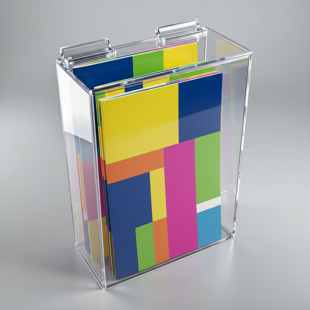 Closed-Box Literature Display Holder — Clear Acrylic – clear acrylic bin, organizer, or holder for retail, office, or countertop use, size 4 x 4 x 9. Made in the USA by WebAcrylics.