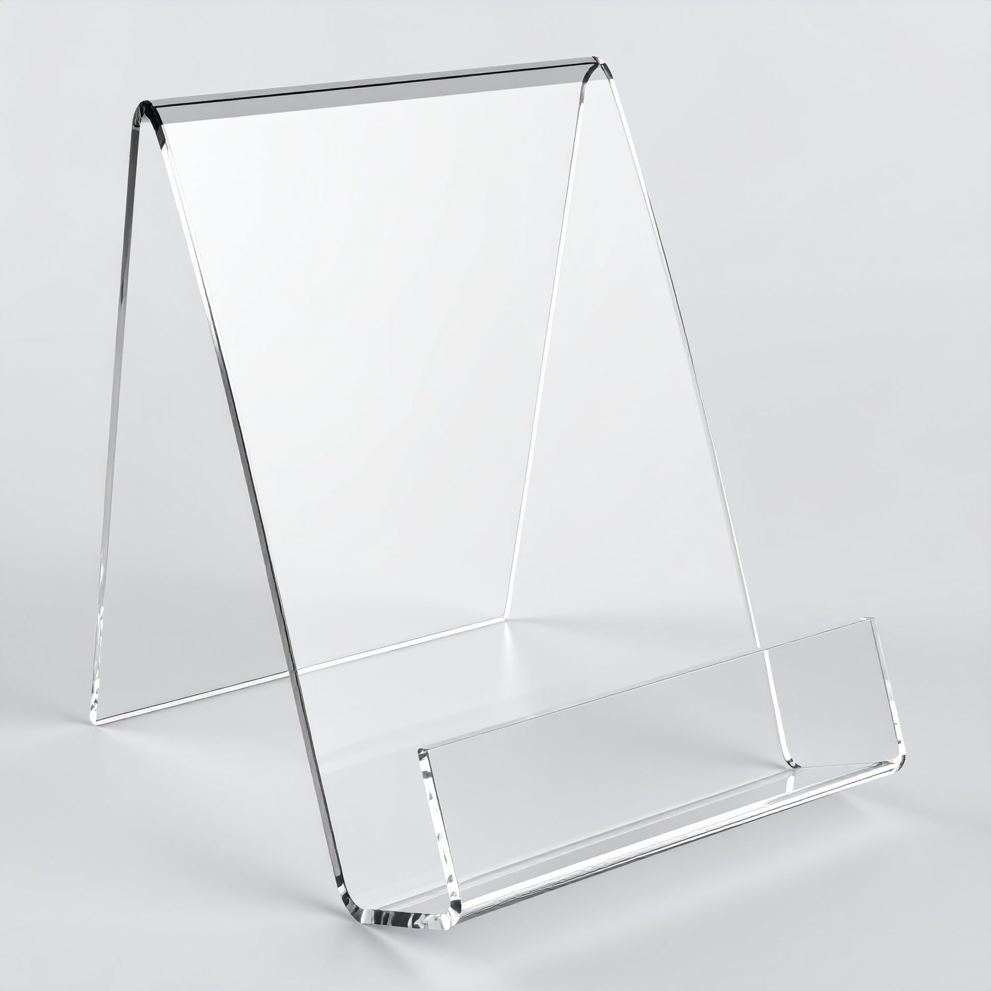 Closed-Front Easel Display Holder — Clear Acrylic – clear acrylic display stand for retail, showroom, or countertop use, size 11 x 11 x 8.5. Made in the USA by WebAcrylics.