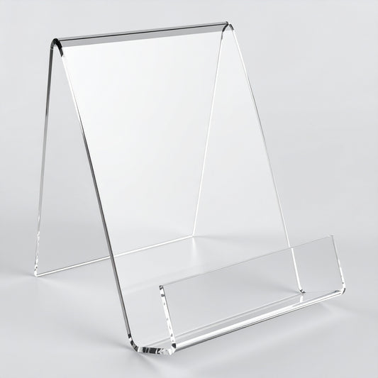 Closed-Front Easel Display Holder — Clear Acrylic – clear acrylic display stand for retail, showroom, or countertop use, size 11 x 11 x 8.5. Made in the USA by WebAcrylics.