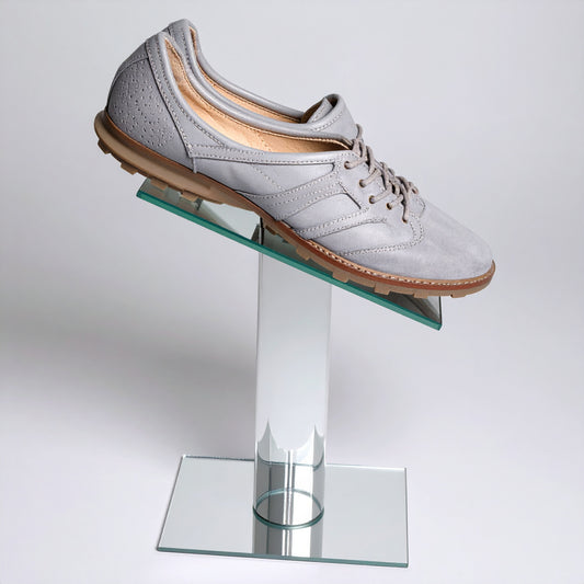 Deluxe Shoe Pedestal Display Holder — Clear Acrylic – clear acrylic display stand for retail, showroom, or countertop use, size 4" High. Made in the USA by WebAcrylics.