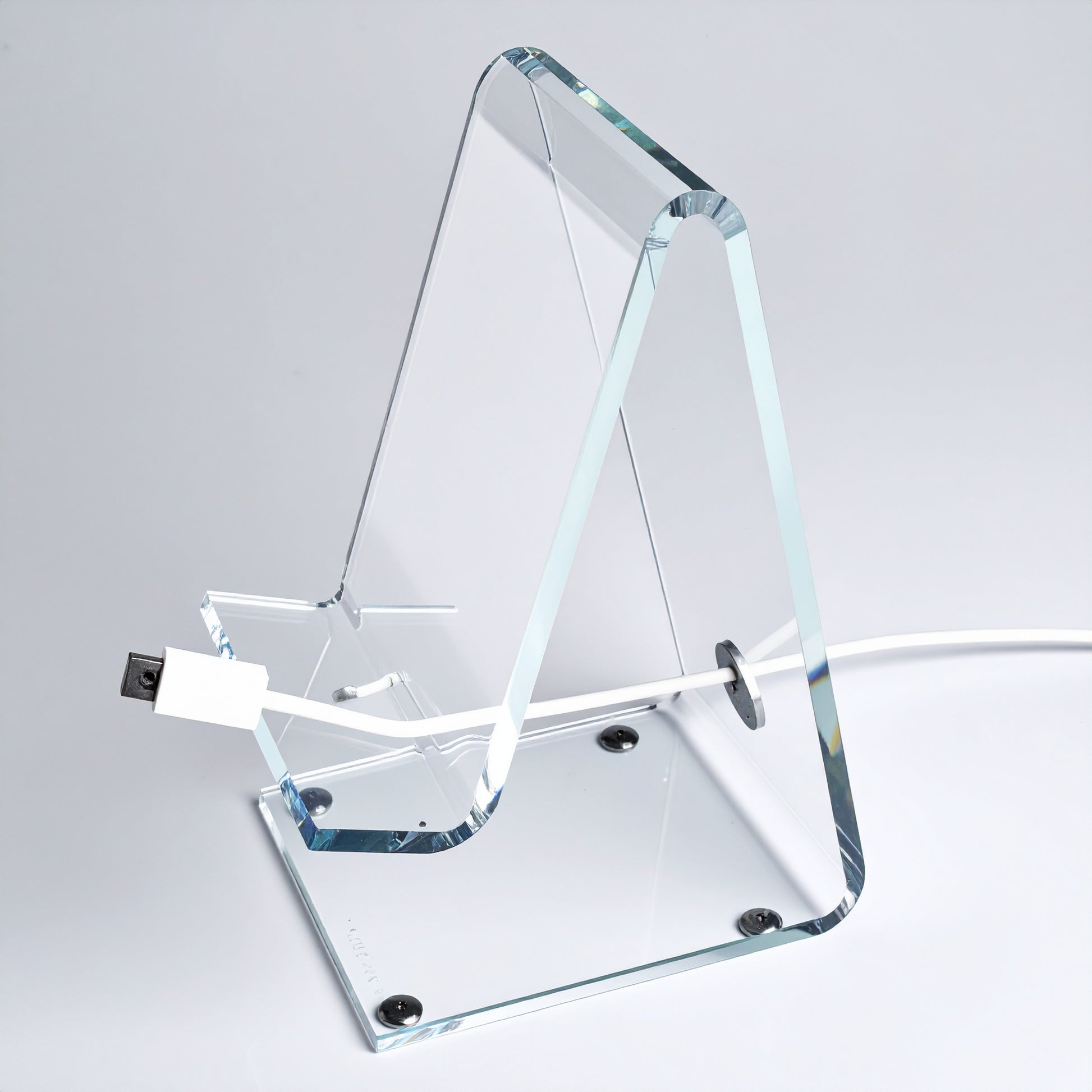 Deluxe Smartphone Display Stand — Power-Cord Model — Clear Acrylic – clear acrylic display stand for retail, showroom, or countertop use, size . Made in the USA by WebAcrylics.