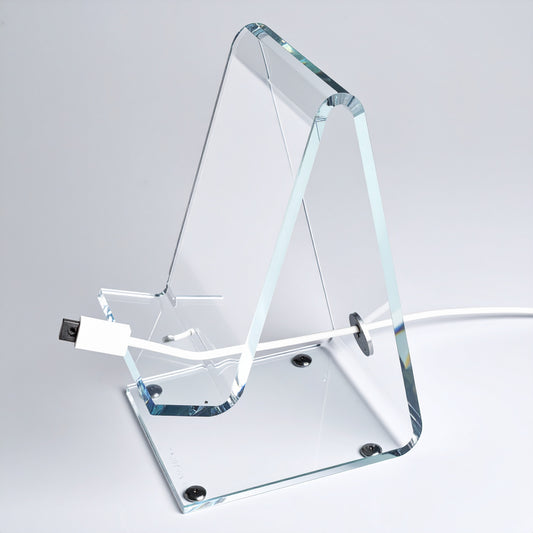 Deluxe Smartphone Display Stand — Power-Cord Model — Clear Acrylic – clear acrylic display stand for retail, showroom, or countertop use, size . Made in the USA by WebAcrylics.