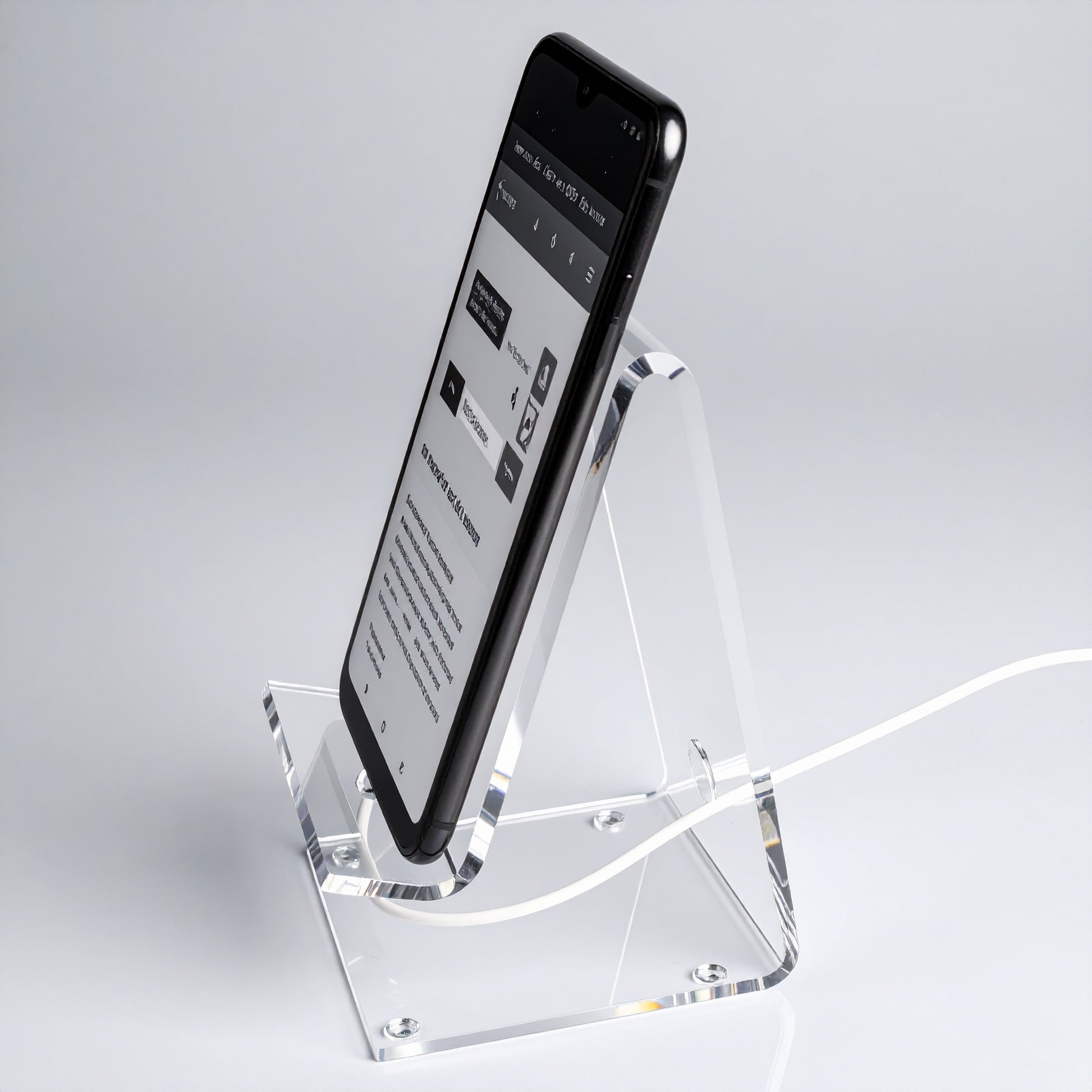 Deluxe Smartphone Display Stand — Power-Cord Model — Clear Acrylic – clear acrylic display stand for retail, showroom, or countertop use, size . Made in the USA by WebAcrylics.