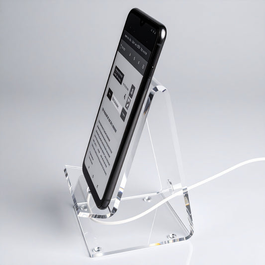 Deluxe Smartphone Display Stand — Power-Cord Model — Clear Acrylic – clear acrylic display stand for retail, showroom, or countertop use, size . Made in the USA by WebAcrylics.