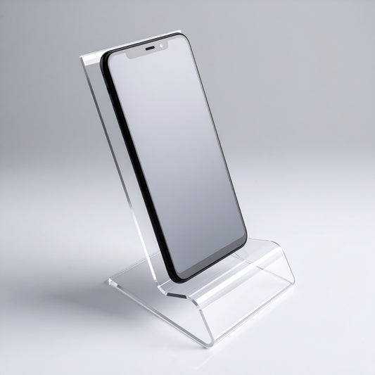 Deluxe Smartphone Slant-Back Display Stand — Clear Acrylic – clear acrylic display stand for retail, showroom, or countertop use, size . Made in the USA by WebAcrylics.