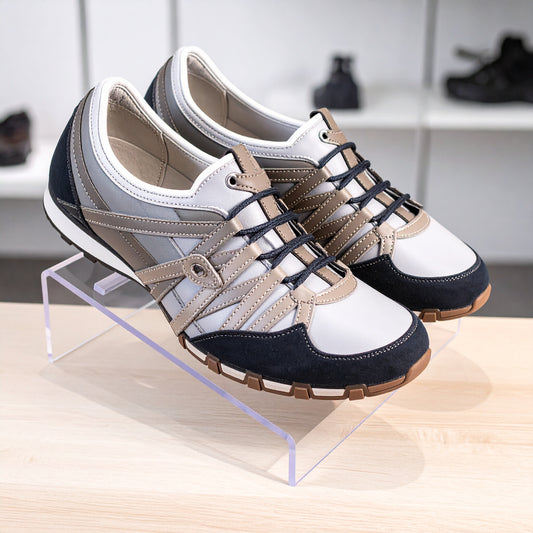 Double-Wide Slant-Style Shoe Riser — Clear Acrylic – clear acrylic display stand for retail, showroom, or countertop use, size . Made in the USA by WebAcrylics.