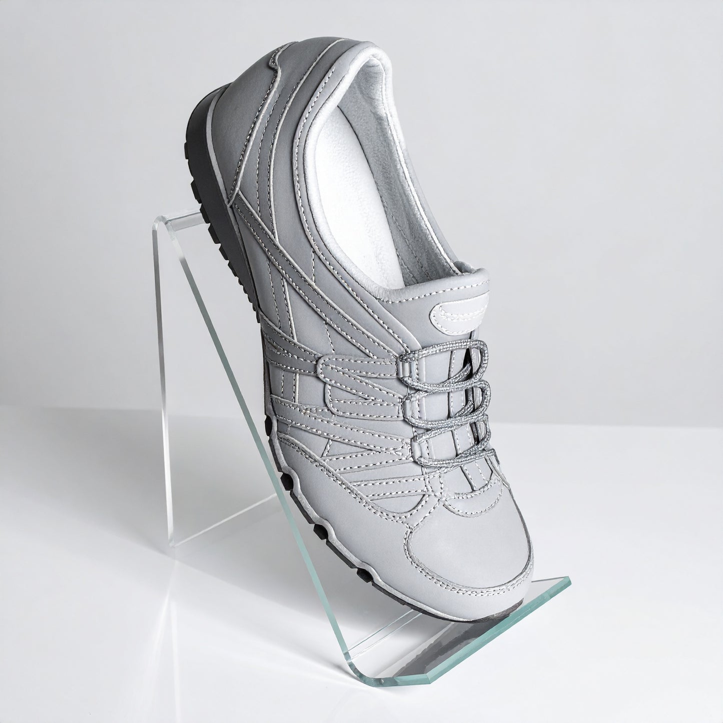 Easel Shoe Display — Clear Acrylic – clear acrylic display stand for retail, showroom, or countertop use, size 4 x 5. Made in the USA by WebAcrylics.