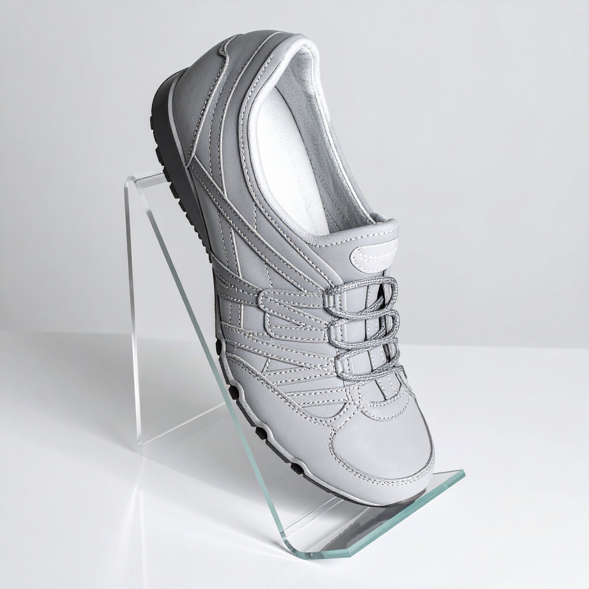 Easel Shoe Display — Clear Acrylic – clear acrylic display stand for retail, showroom, or countertop use, size 4 x 5. Made in the USA by WebAcrylics.