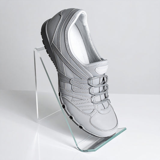 Easel Shoe Display — Clear Acrylic – clear acrylic display stand for retail, showroom, or countertop use, size 4 x 5. Made in the USA by WebAcrylics.