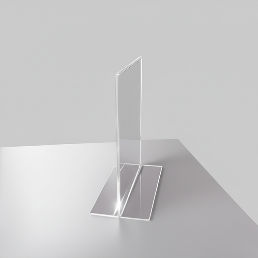 Economy Bottom-Load Acrylic Sign Holder — Countertop Display – clear acrylic sign or literature display holder for brochures, menus, flyers, or signage, size 4 x 5. Made in the USA by WebAcrylics.