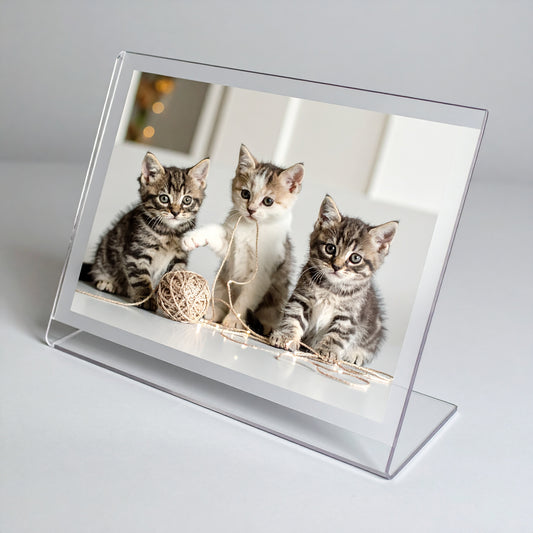 Economy Slant-Back Acrylic Sign Holder — Countertop Display – clear acrylic sign or literature display holder for brochures, menus, flyers, or signage, size 3 x 1. Made in the USA by WebAcrylics.