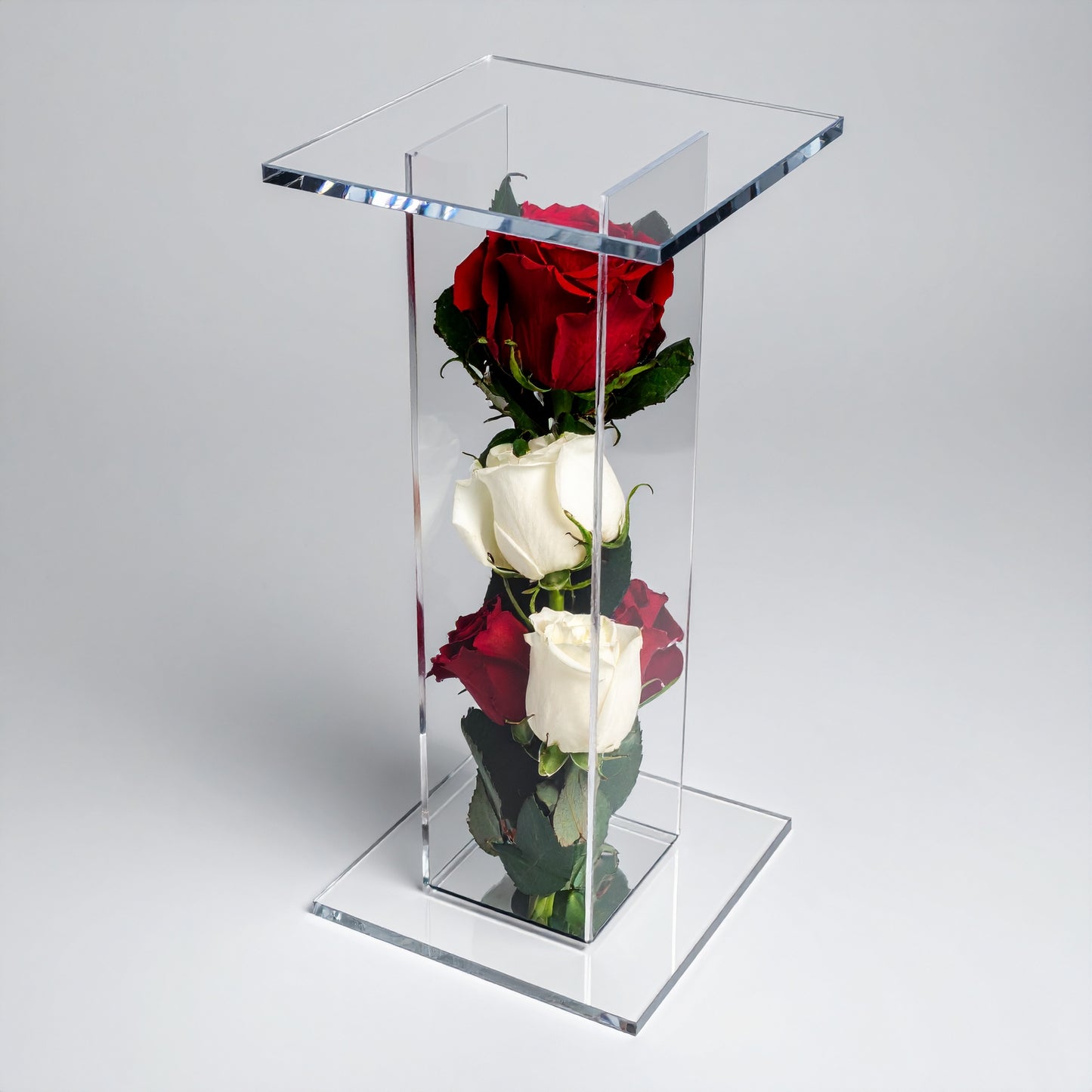 Flower Pedestal Stand — Clear Acrylic Event Riser – clear acrylic display stand for retail, showroom, or countertop use, size 4 x 4 x 4. Made in the USA by WebAcrylics.
