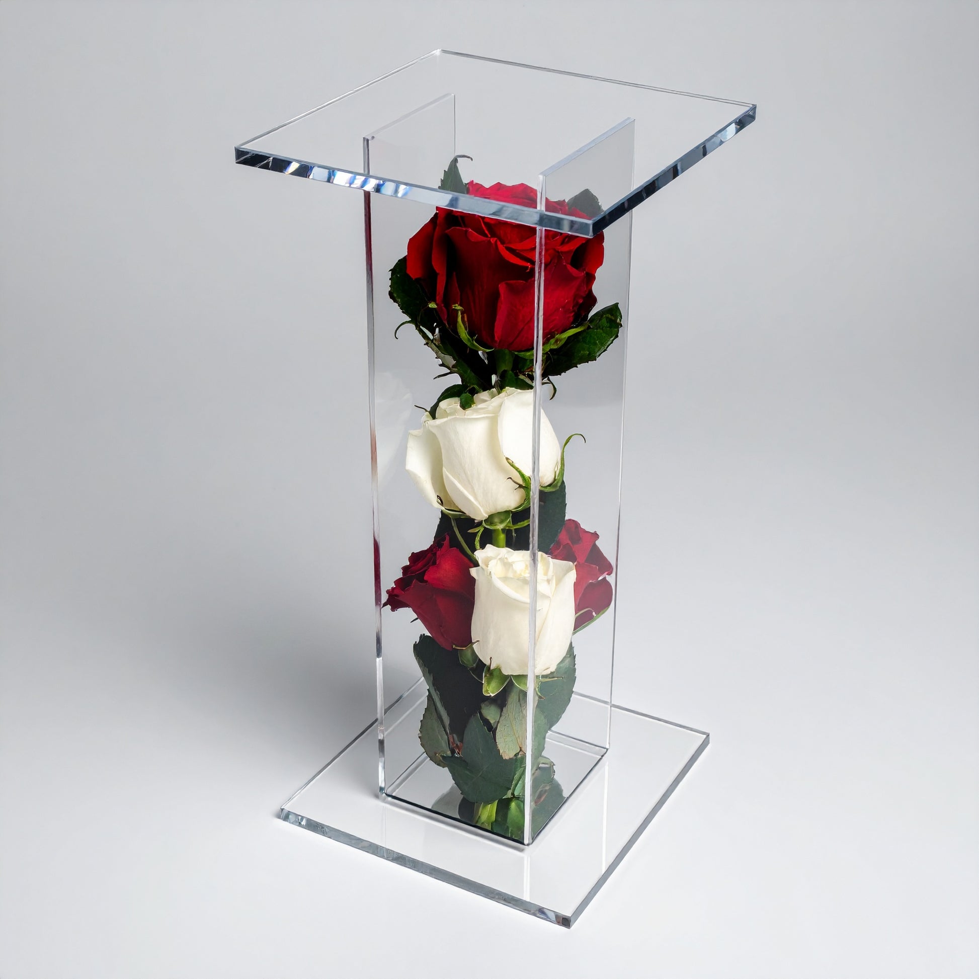 Flower Pedestal Stand — Clear Acrylic Event Riser – clear acrylic display stand for retail, showroom, or countertop use, size 4 x 4 x 4. Made in the USA by WebAcrylics.