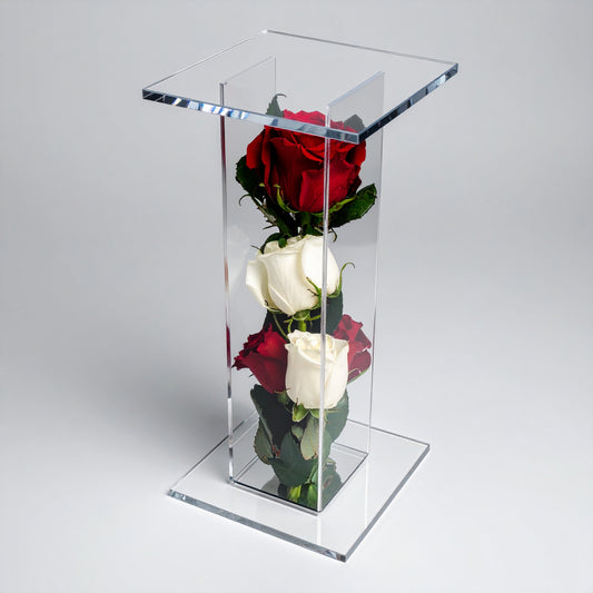 Flower Pedestal Stand — Clear Acrylic Event Riser – clear acrylic display stand for retail, showroom, or countertop use, size 4 x 4 x 4. Made in the USA by WebAcrylics.