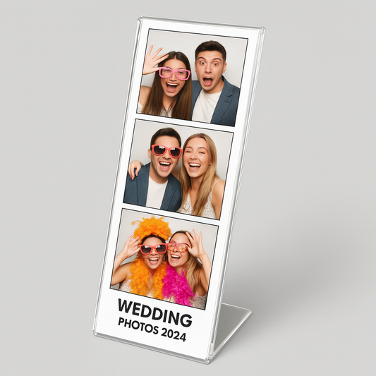 L-Style Photo Booth Frame — Clear Acrylic Strip Display – clear acrylic sign or literature display holder for brochures, menus, flyers, or signage, size 2 x 6. Made in the USA by WebAcrylics.