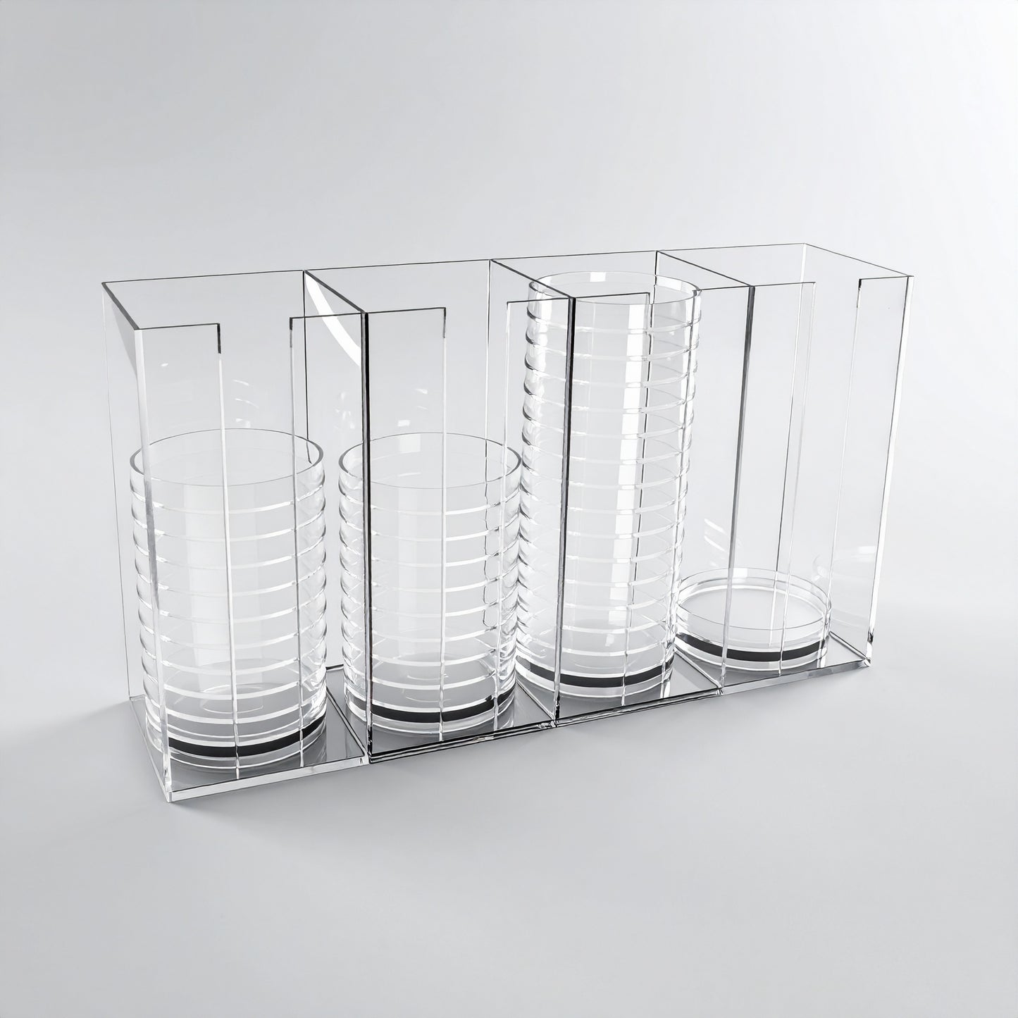 Media Plate Holder — Clear Acrylic Lab Stand (1–4 Sections, 50–150 mm Plates) – clear acrylic bin, organizer, or holder for retail, office, or countertop use, size 50-69mm. Made in the USA by WebAcrylics.