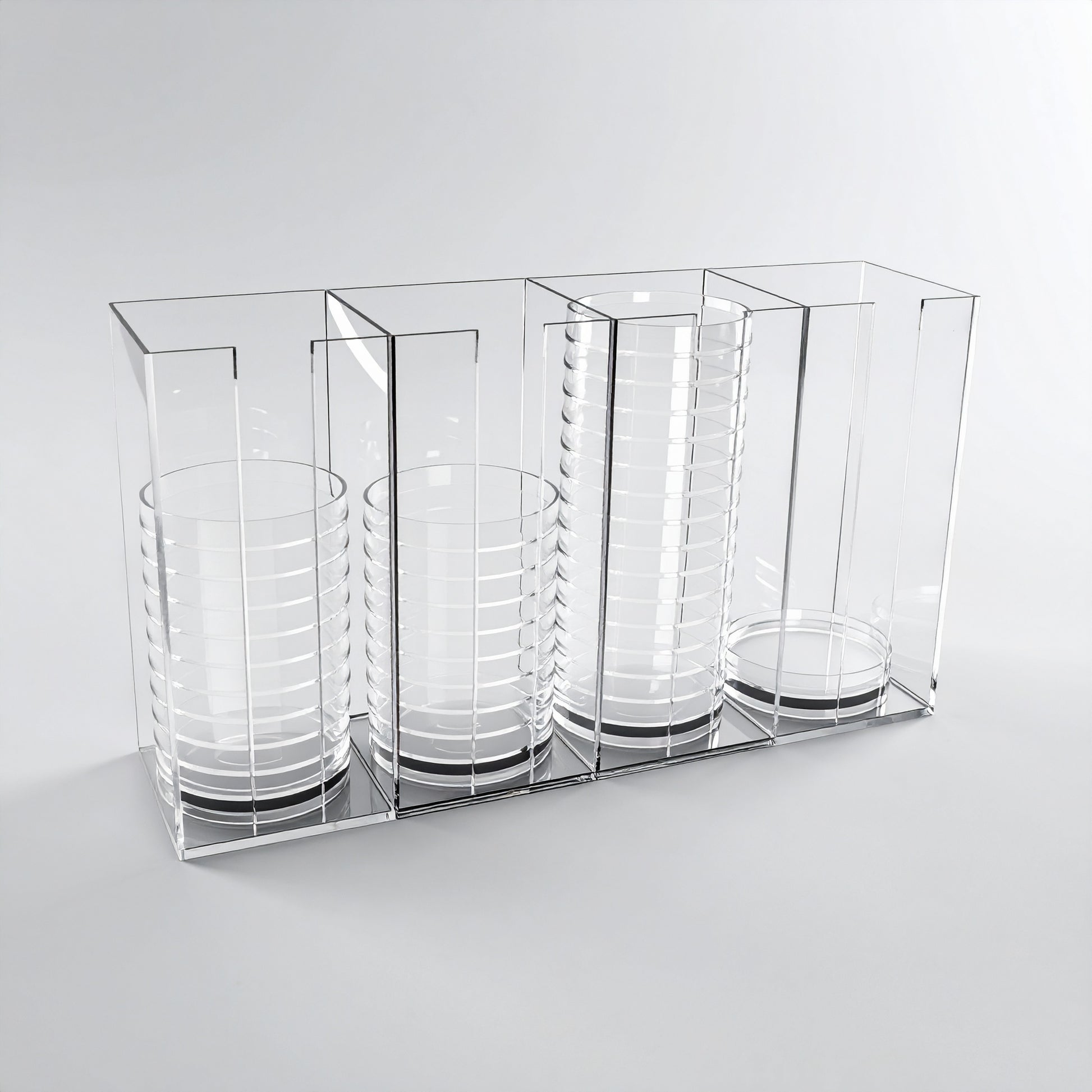 Media Plate Holder — Clear Acrylic Lab Stand (1–4 Sections, 50–150 mm Plates) – clear acrylic bin, organizer, or holder for retail, office, or countertop use, size 50-69mm. Made in the USA by WebAcrylics.