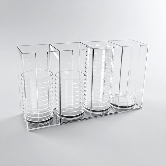 Media Plate Holder — Clear Acrylic Lab Stand (1–4 Sections, 50–150 mm Plates) – clear acrylic bin, organizer, or holder for retail, office, or countertop use, size 50-69mm. Made in the USA by WebAcrylics.