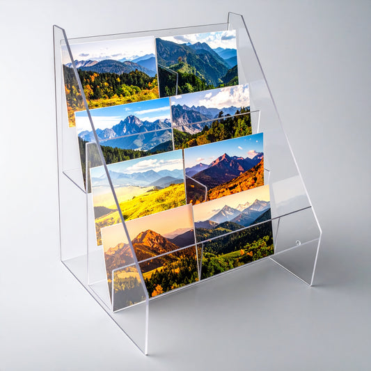 Multi-Pocket Literature Holder — Clear Acrylic Brochure Display – clear acrylic sign or literature display holder for brochures, menus, flyers, or signage, size . Made in the USA by WebAcrylics.