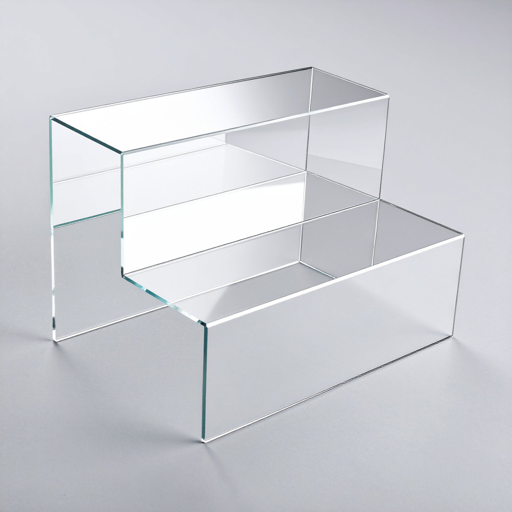 Multi-Step Acrylic Stairway Display Riser — Wide Steps — Clear – clear acrylic display stand for retail, showroom, or countertop use, size Two. Made in the USA by WebAcrylics.