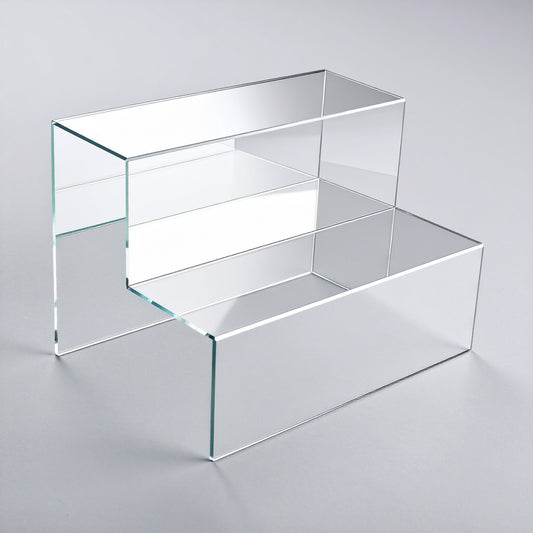 Multi-Step Acrylic Stairway Display Riser — Wide Steps — Clear – clear acrylic display stand for retail, showroom, or countertop use, size Two. Made in the USA by WebAcrylics.